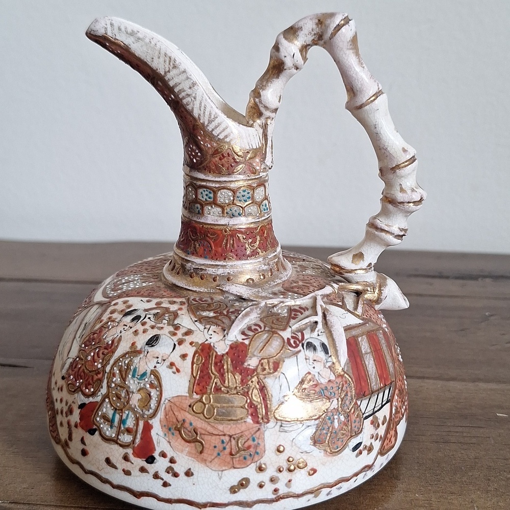 Antique Japanese Satsuma-Style Ewer Pitcher with Gilded Merchant Scene